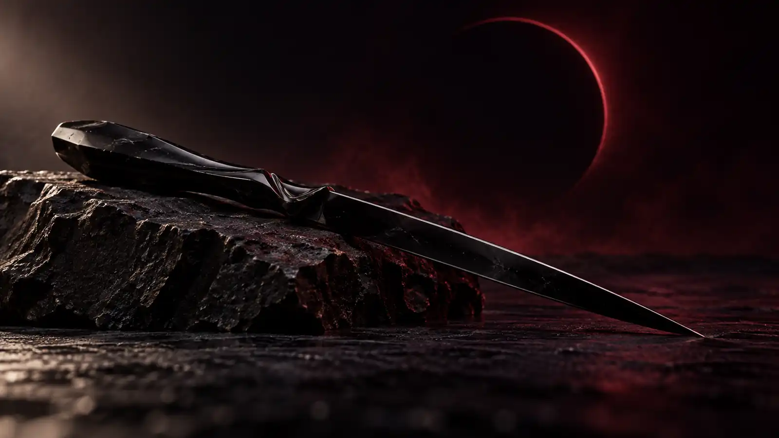 A slim black obsidian letter opener lying on black stone
