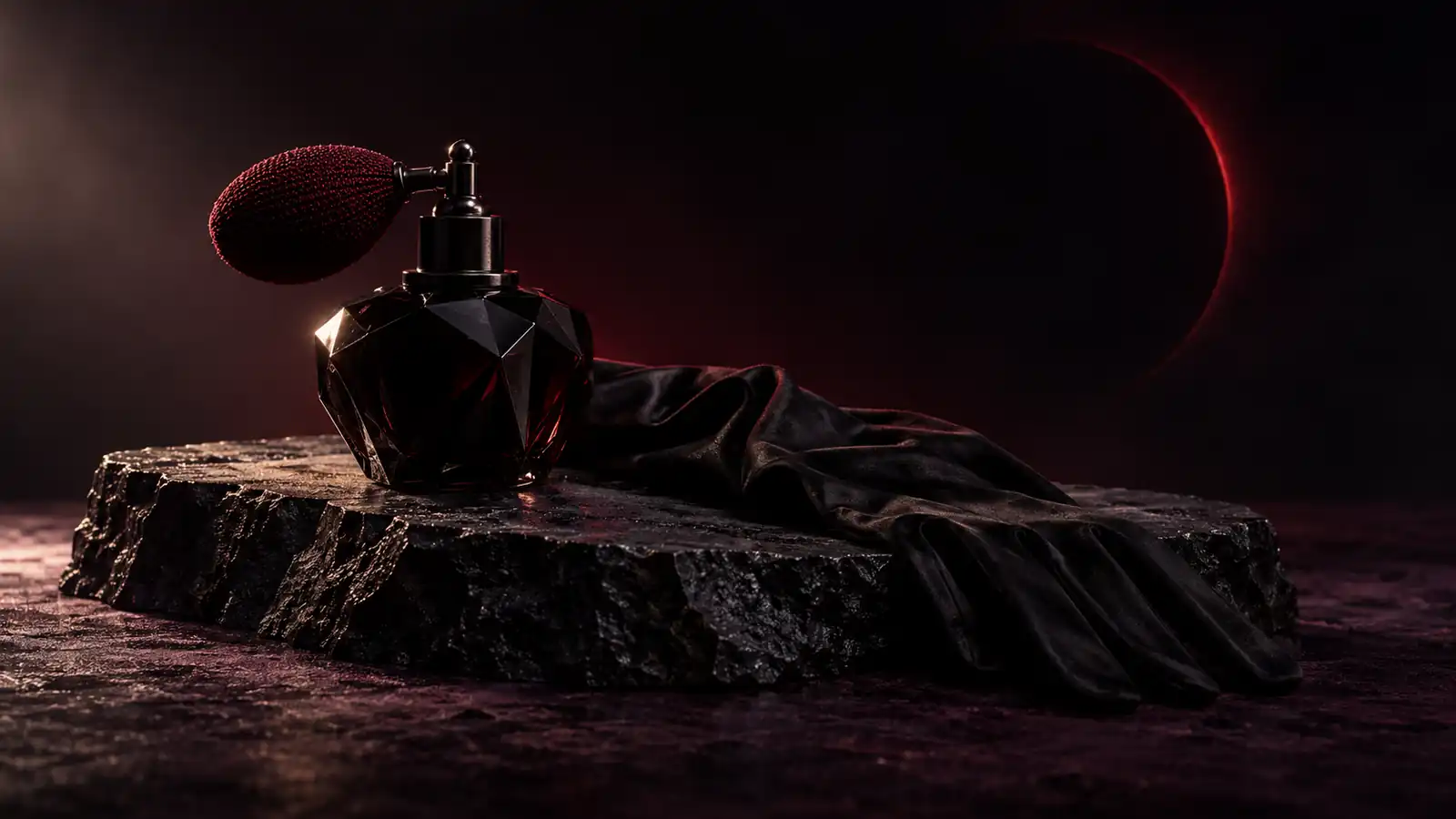 A black glass perfume bottle and an empty black satin glove on black stone