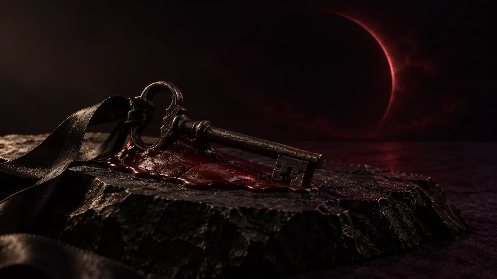 An old iron key sunk into dark red sealing wax, a black ribbon through its bow