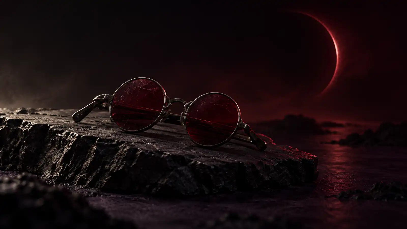 Folded antique spectacles with oxblood-tinted lenses on black stone