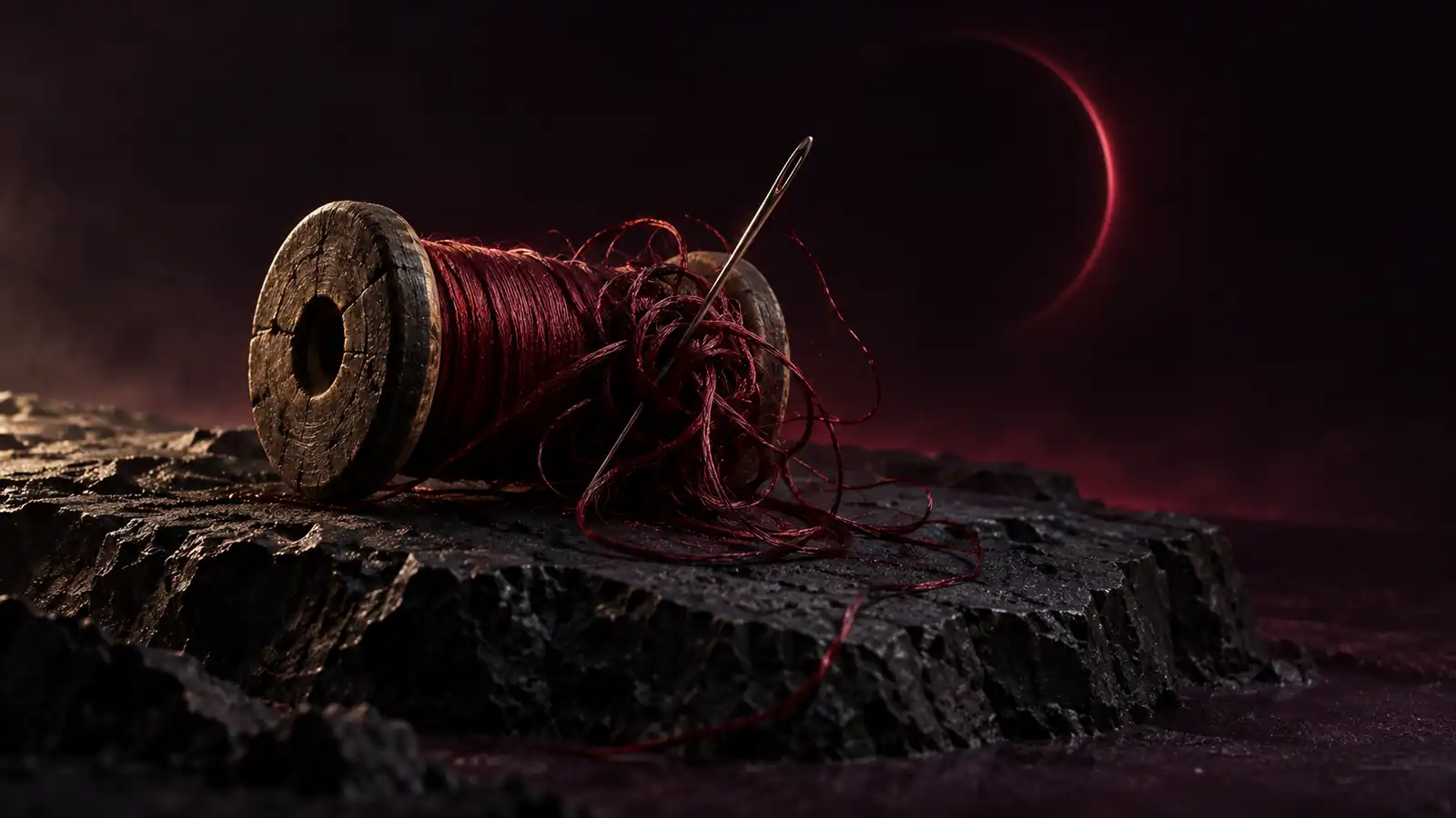 A wooden spool of dark red thread tangled into a knot, a needle stuck through it