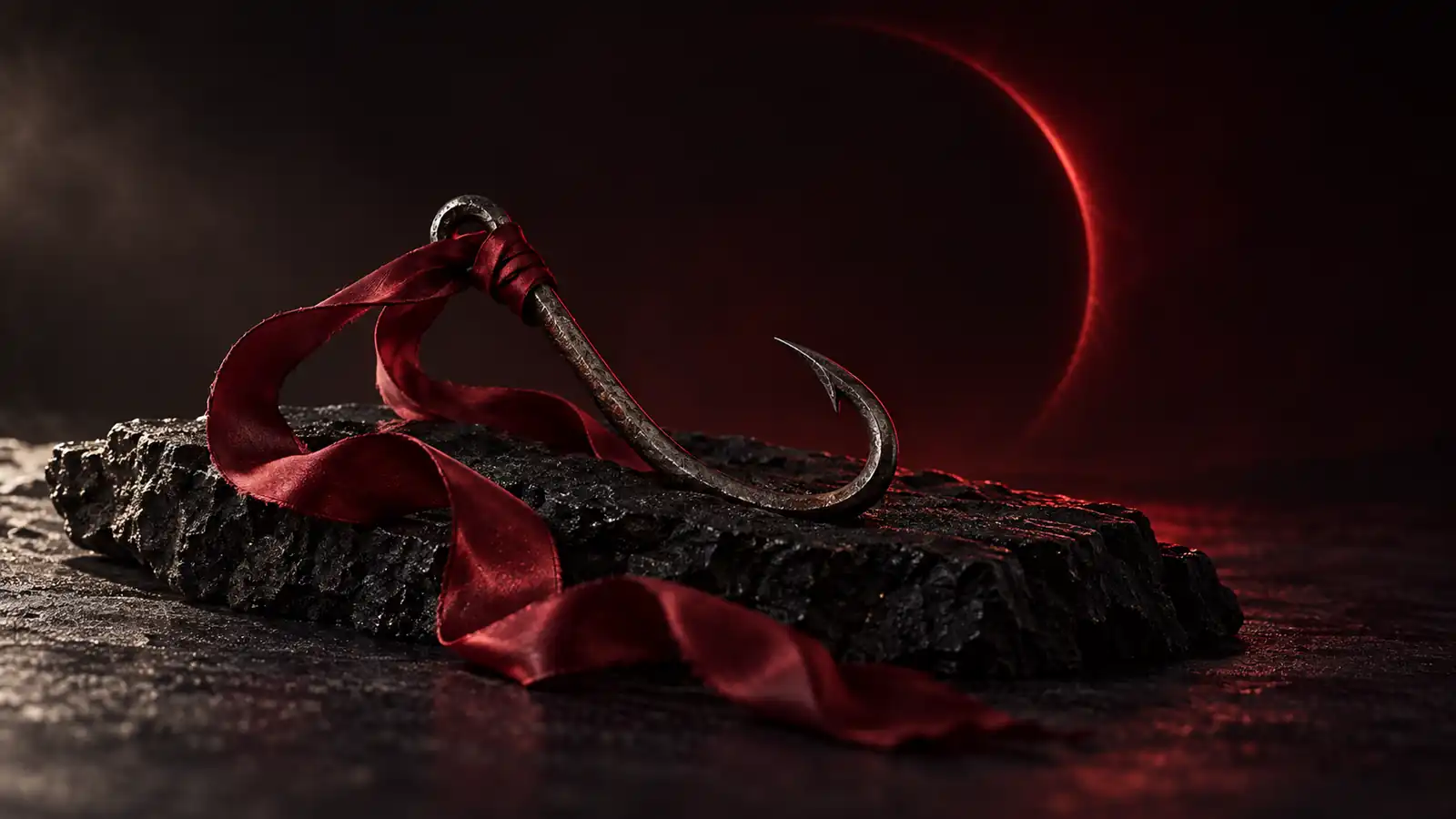 An old iron hook tied with a long ribbon of dark red silk on black stone