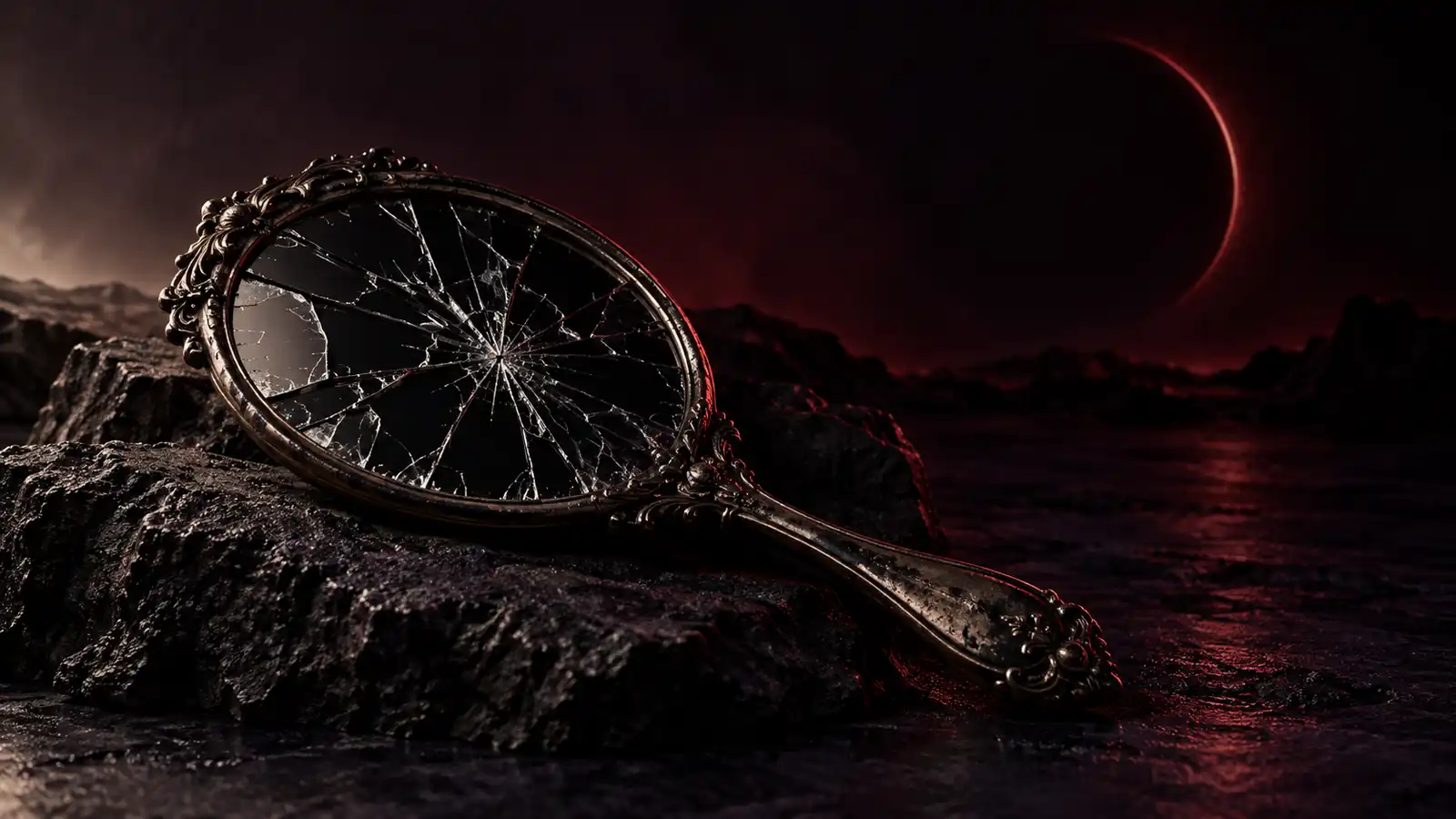 A cracked hand mirror on black stone, reflecting only darkness