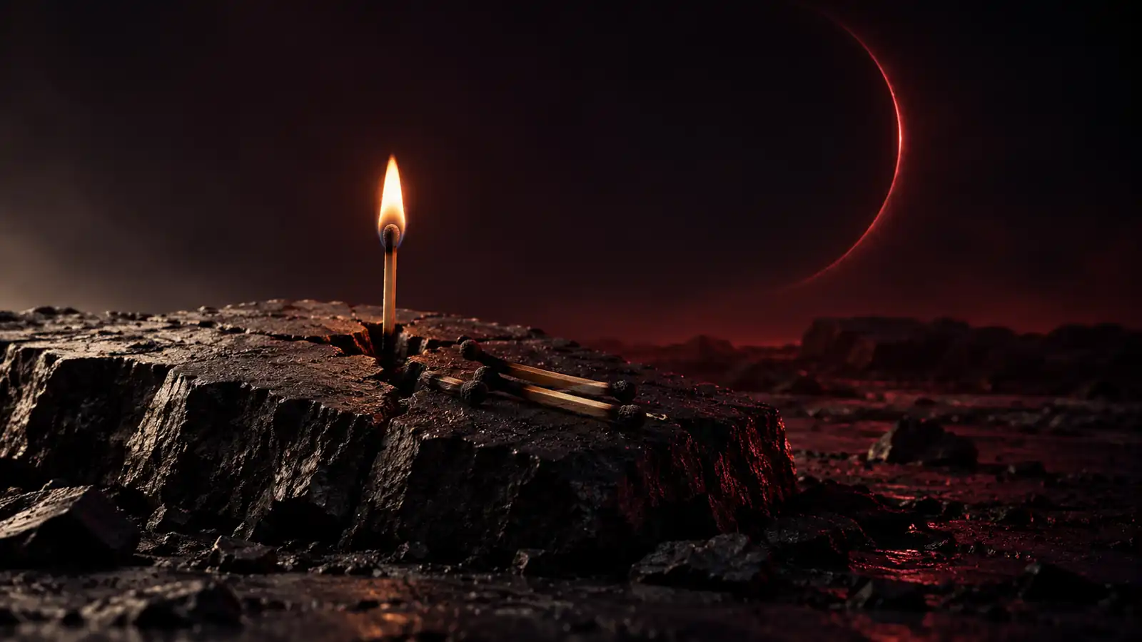 A burning match standing in a crack of black stone, burnt matches beside it