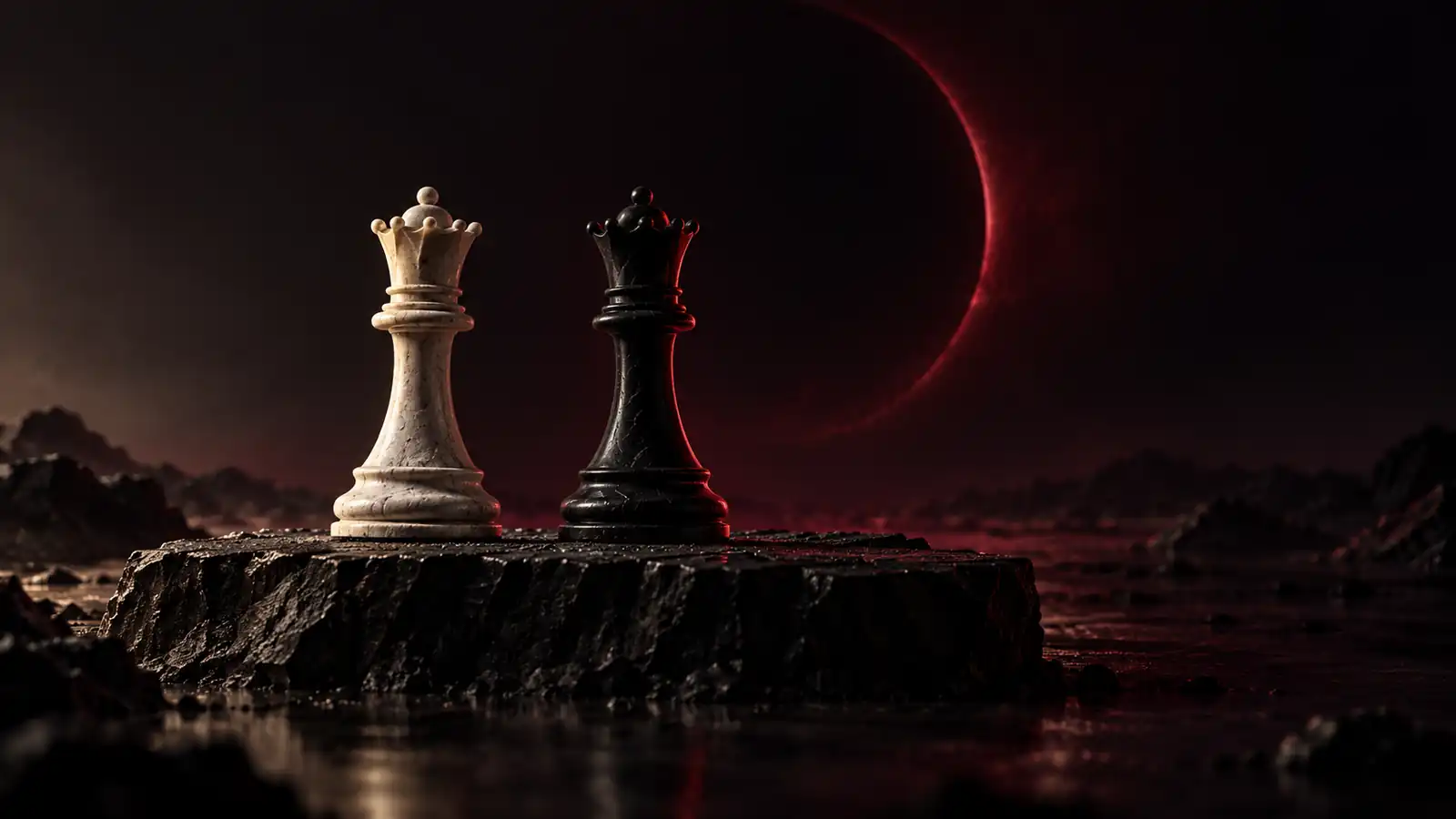 A bone-white and a black chess queen facing each other on black stone