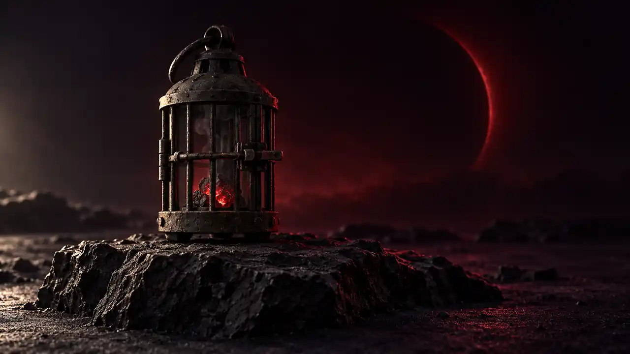 A shut iron cage lantern with one red coal glowing inside, an eclipse behind it