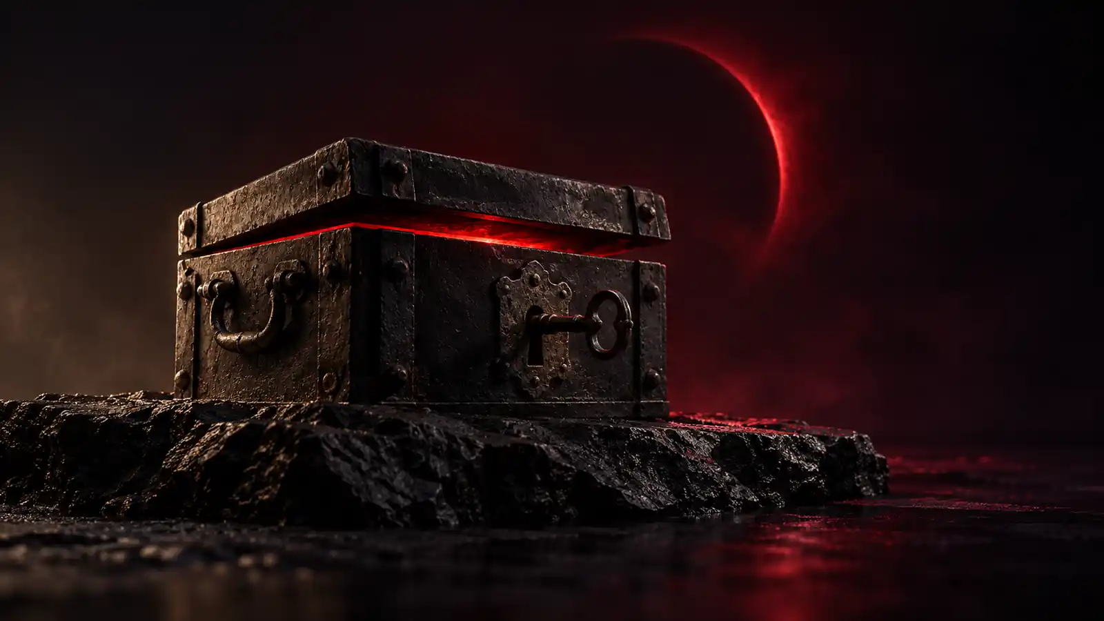 An antique iron strongbox, lid open a finger's width, oxblood light escaping the gap, on black basalt
