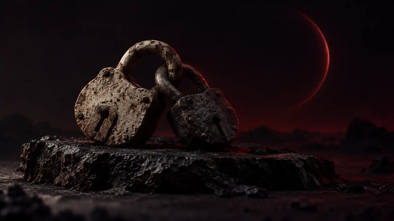Two antique padlocks, one bone-pale and one dark, locked through each other on black basalt under an oxblood eclipse