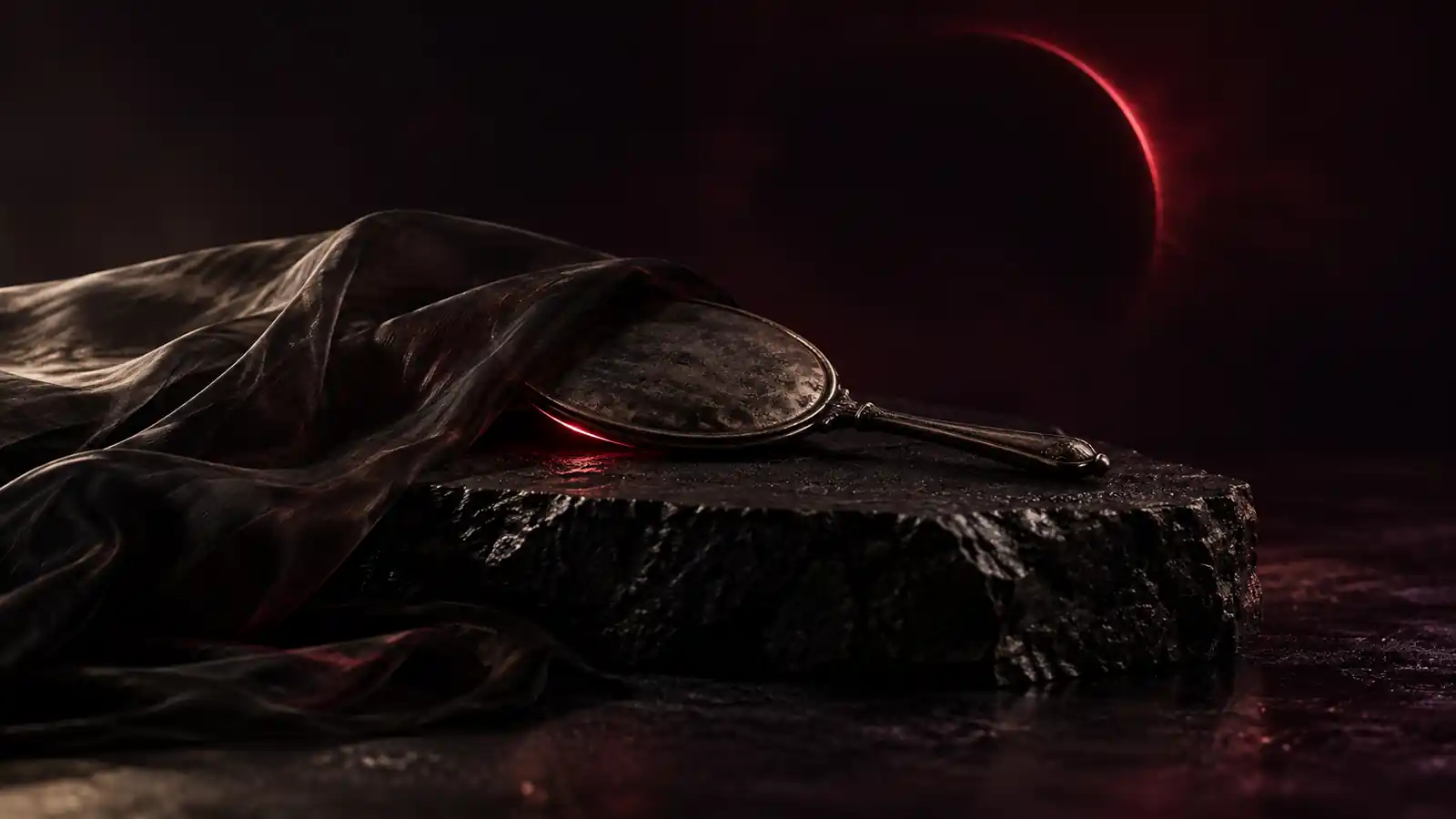 A hand mirror lying face down under a fold of sheer black silk, oxblood light leaking from its edge, on black basalt