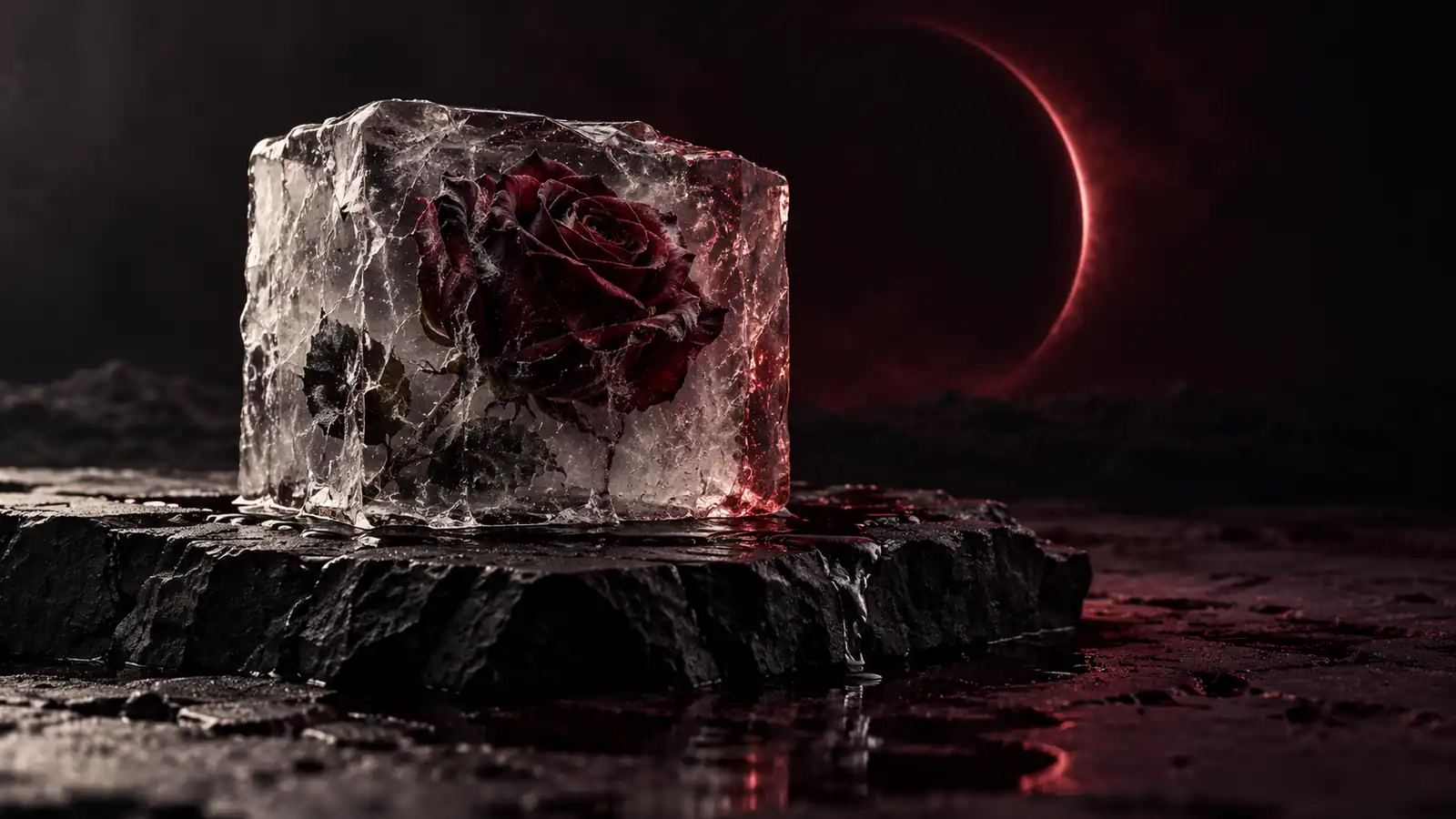 A dark oxblood rose frozen inside a clear block of ice on black stone
