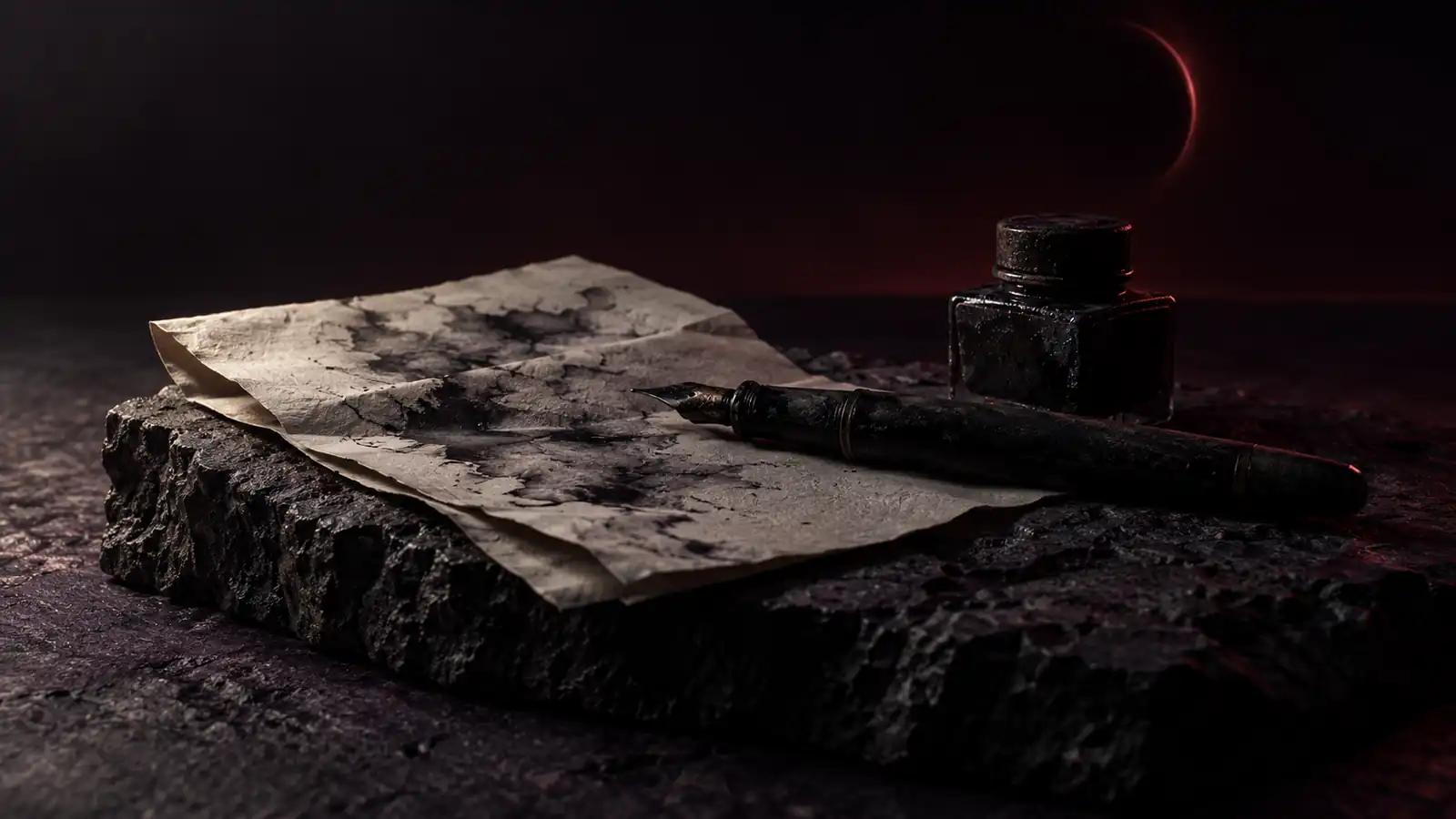 A black fountain pen across a folded letter whose ink has bled into illegible oxblood smears