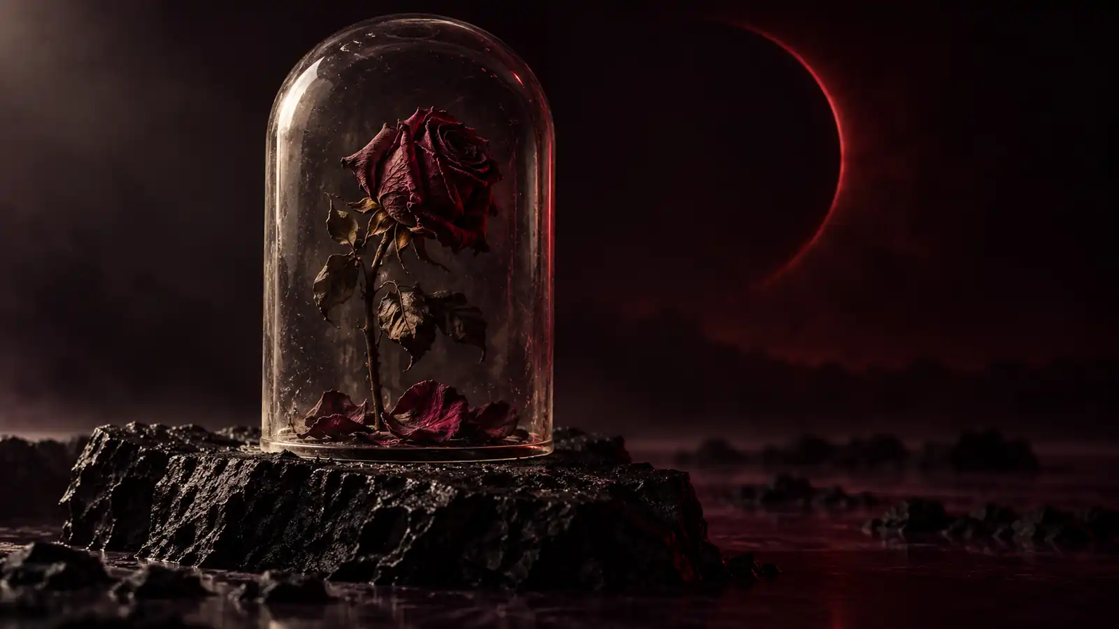 A dried oxblood rose kept under an old glass bell jar, fallen petals inside the glass
