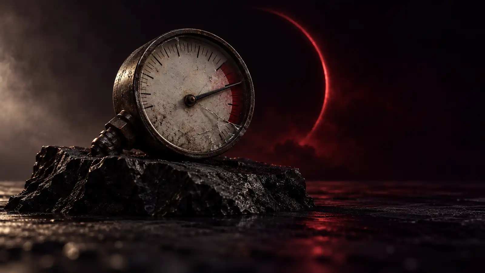 An antique iron pressure gauge with its needle forced past the end of the scale and cracked glass