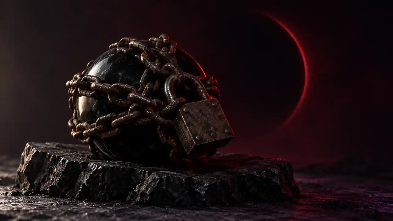 A black obsidian sphere bound tight in a rusted chain with a shut padlock, an oxblood eclipse behind it