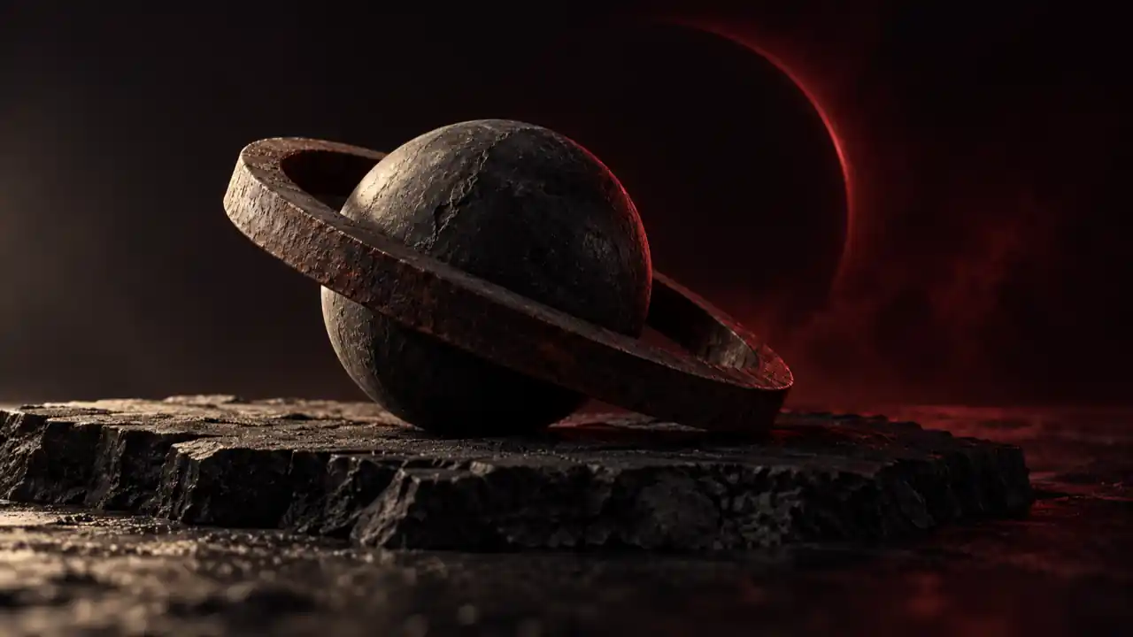 A dark stone sphere inside a heavy rusted iron ring on black basalt, an oxblood eclipse behind it