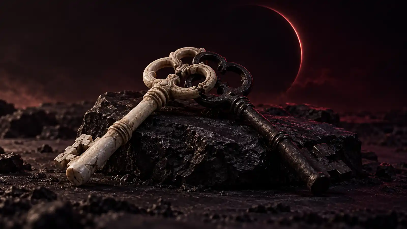 Two antique keys, one bone-white and one black iron, crossed on black basalt under an oxblood eclipse