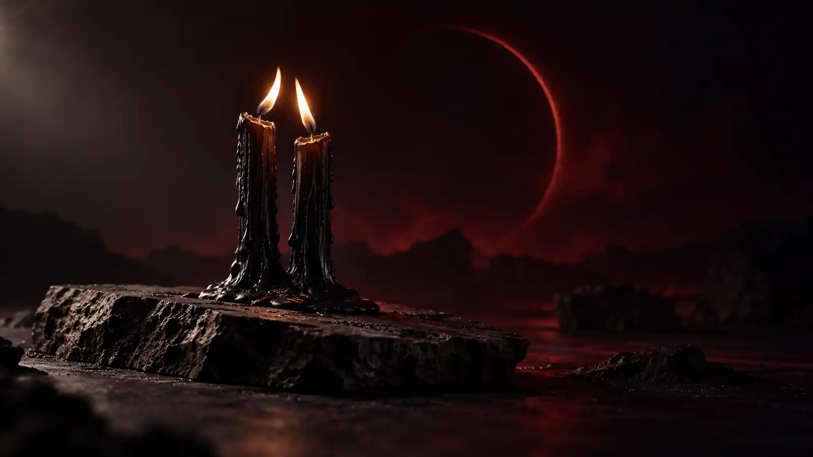 Two black candles melted together at the base, their flames leaning toward each other, under an oxblood eclipse