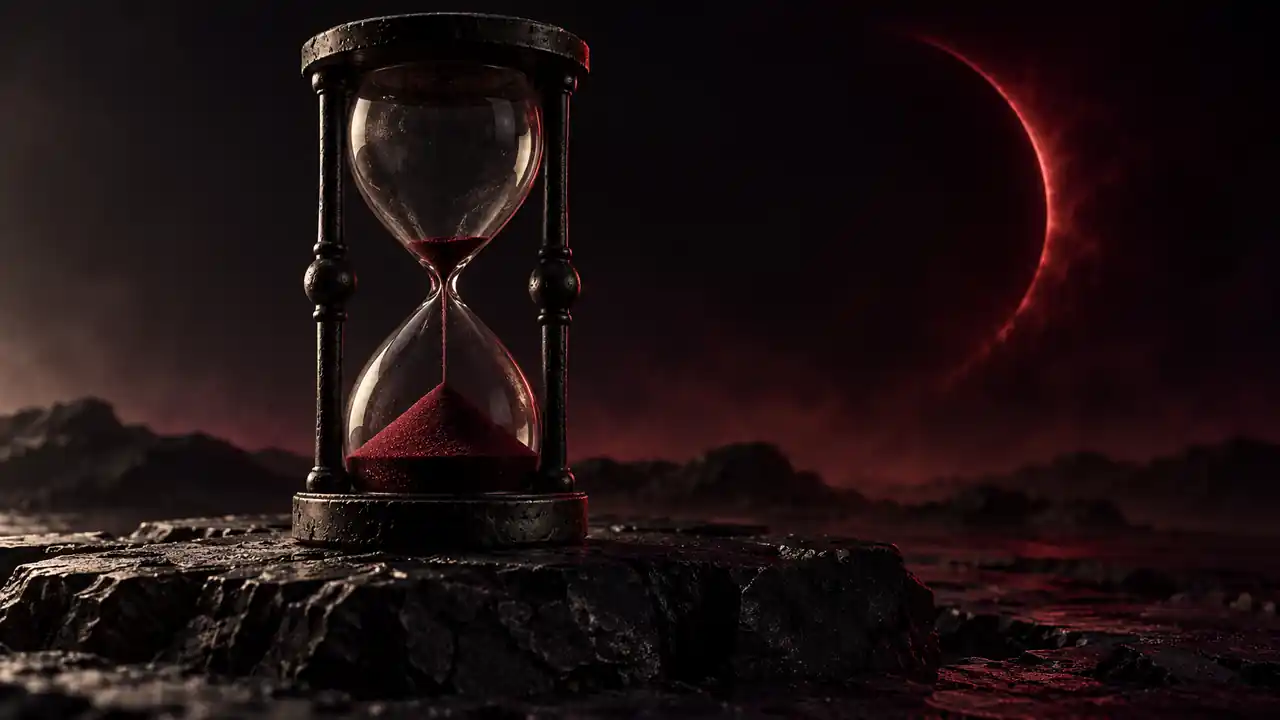 An iron hourglass with dark red sand running out, an eclipse glowing behind it