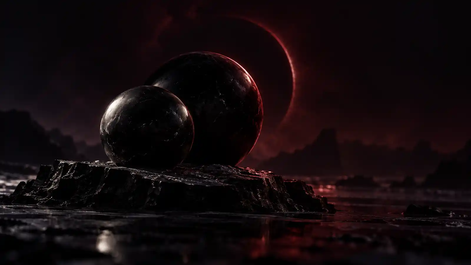 Two black obsidian spheres, the smaller covering part of the larger, edged with a thin red glow like an eclipse