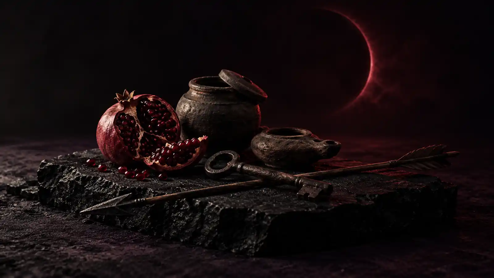 A split pomegranate, an iron key, a clay jar with its lid ajar, an oil lamp and an arrow on black stone
