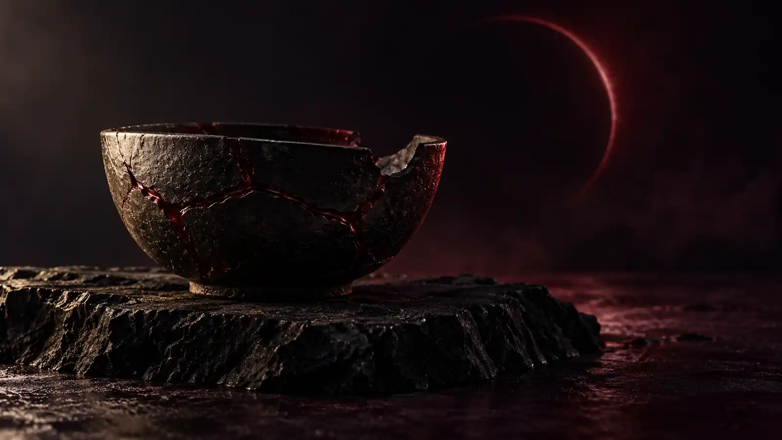 A cracked black stoneware bowl, its cracks mended with dark red lacquer, one shard missing from the rim